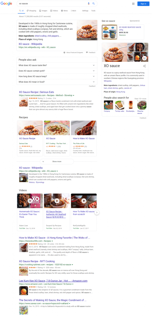 Google Search Result for XO Sauce