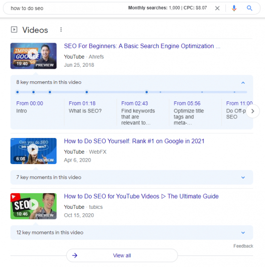 Youtube videos on first page of Google