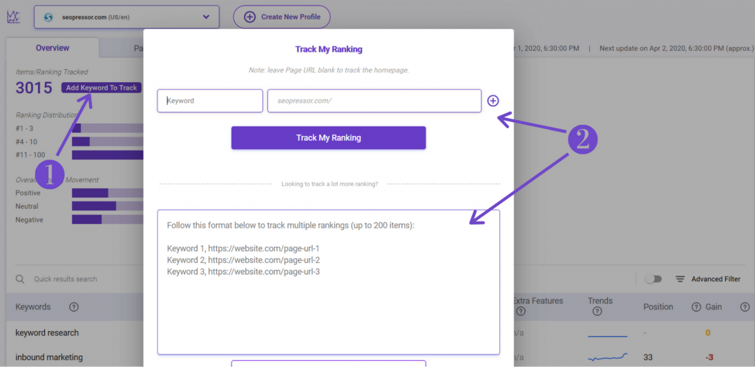 biq seo suite rank tracking add keywords to track