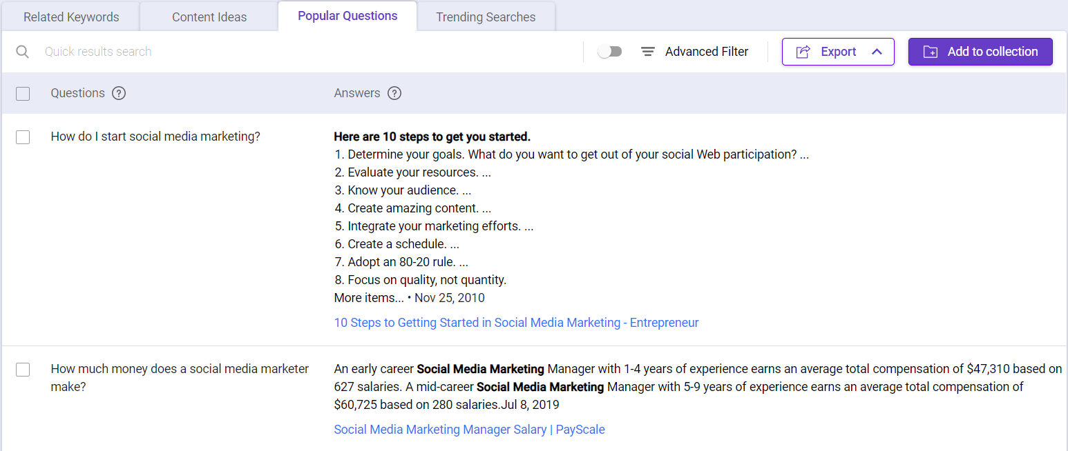 Content marketing tips : Use Keyword Intelligence to find popular questions