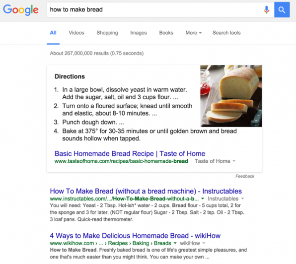 List Featured Snippet on Google for how to make bread