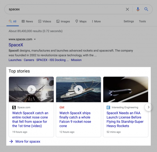 SpaceX SERPS Top Stories