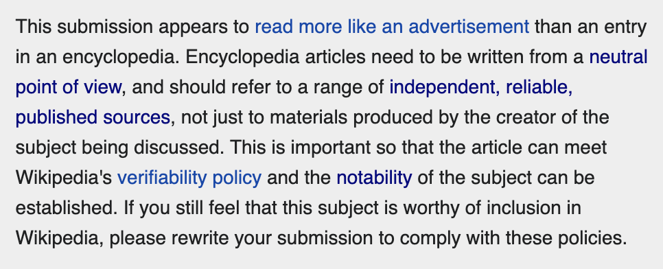 wikipedia article advertisement rejection