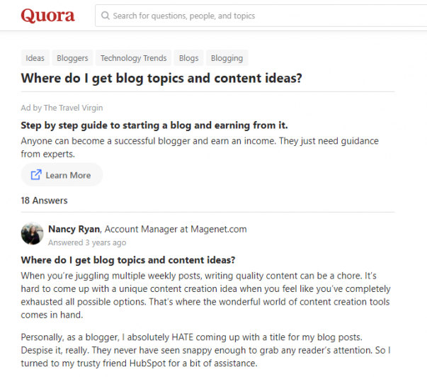 sourcing quora for content ideas