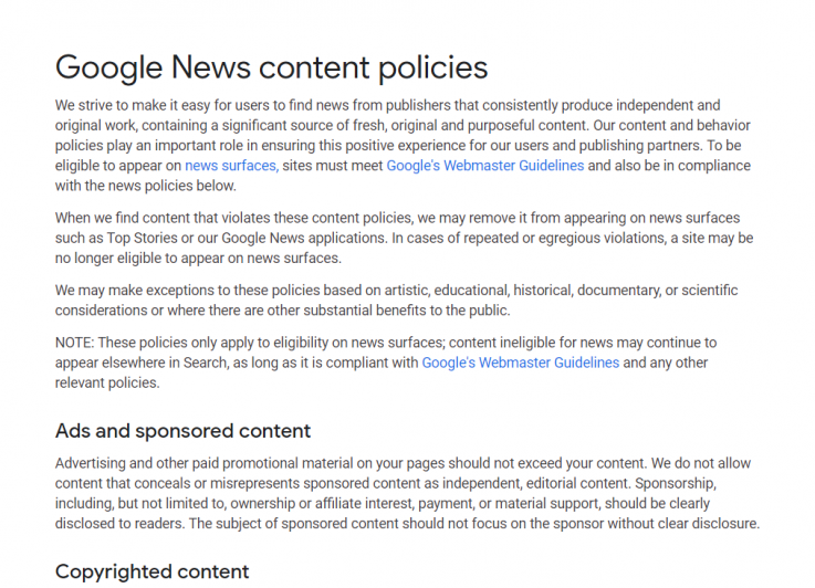 Google’s guidelines set by Google news weebsites