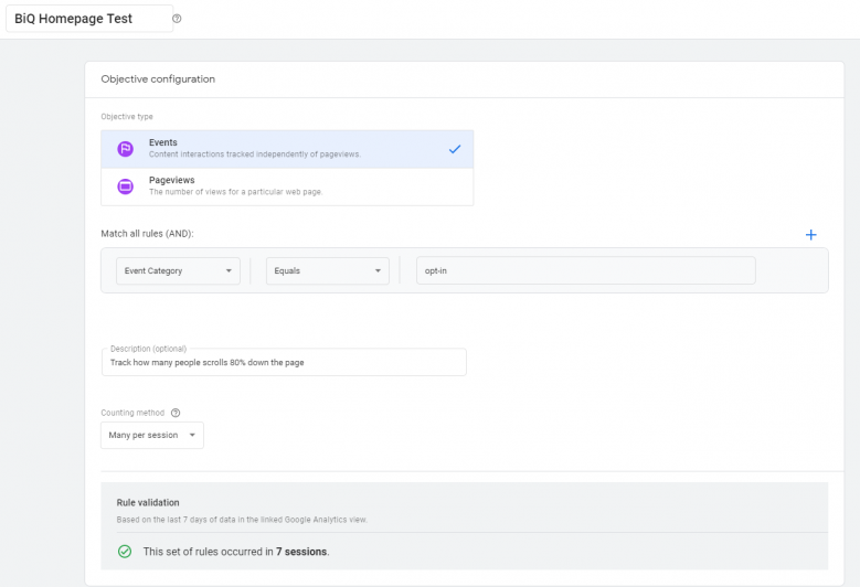 Creating objectives for Google AB Testing