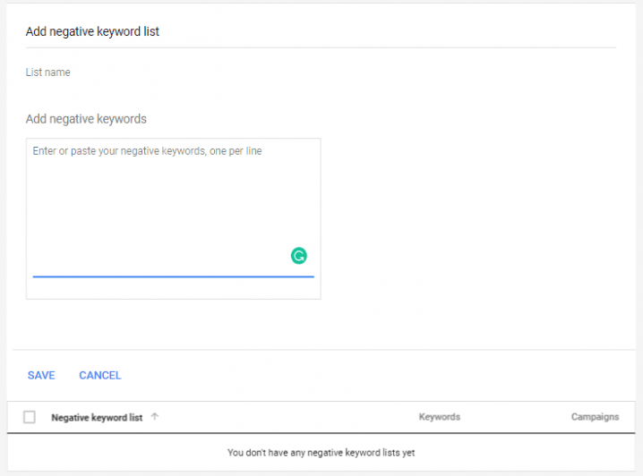 negative keywords list in Google Ads