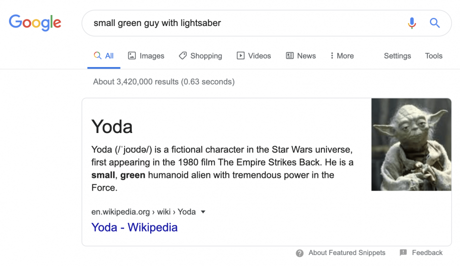 google knowledge graph panel: small green guy with lightsaber