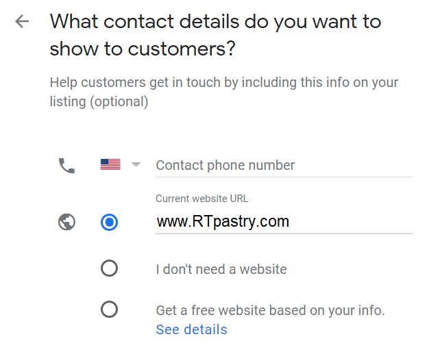 Google My Business account add contact details example
