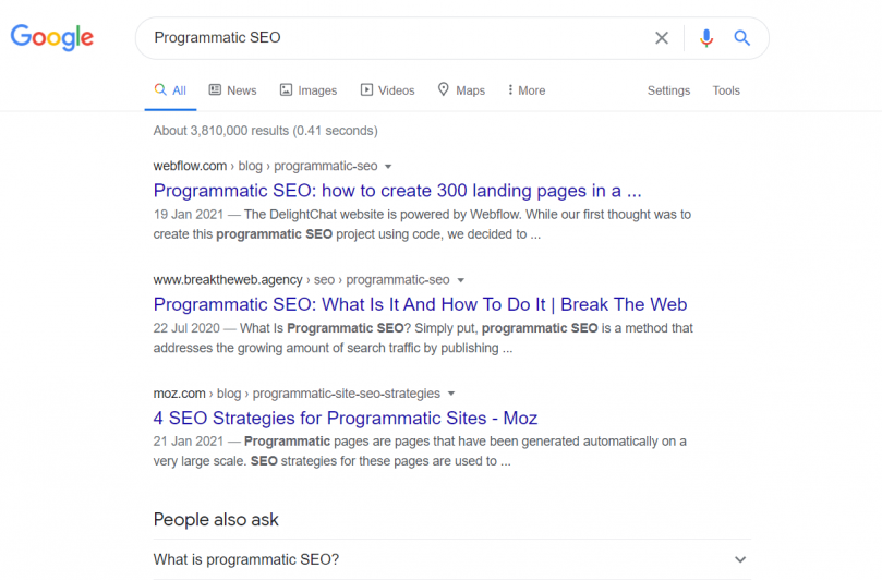 Search done for the phrase programmatic SEO on Google