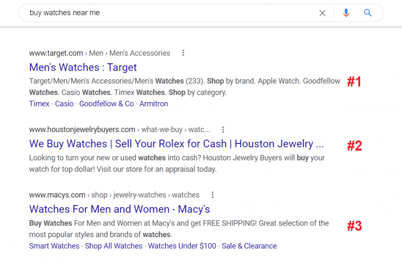 Google Search Ranking for keyword "buy watches near me"