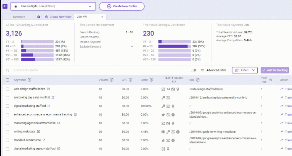 Keywords ranking for your domain together with its metrics