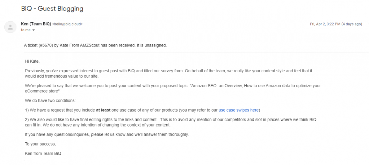 Guest blogging email example by BiQ