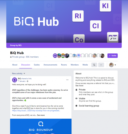 BiQ Facebook group using facebook marketing stratregies