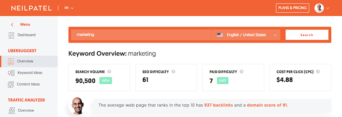 Neil Patel keyword search overview webpage