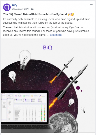 Your Facebook content can also include exclusive promotion such as BiQ's previous close beta invitation.