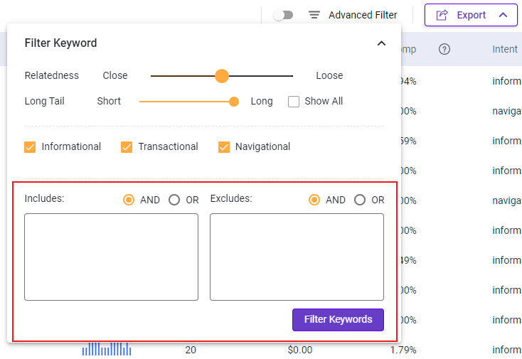 Include and exclude keywords of your choice