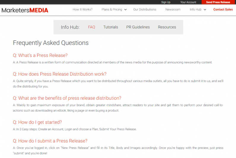 An individual FAQ page on MarketersMEDIA