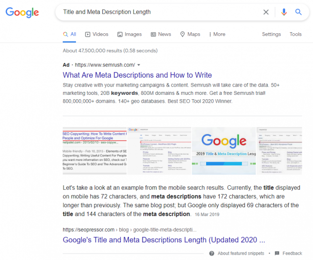 SEOPressor's blog "Google's Title and Meta Description Length" gets a featured snippet on Google