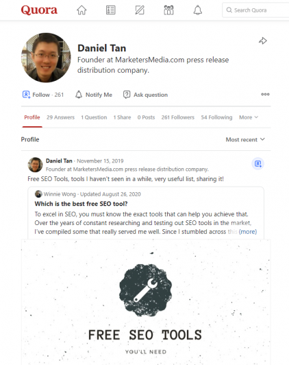 The author's Quora profile screenshot as an attempt of lead generation