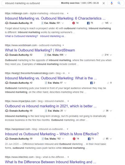 inbound marketing vs outbound on Google SERP