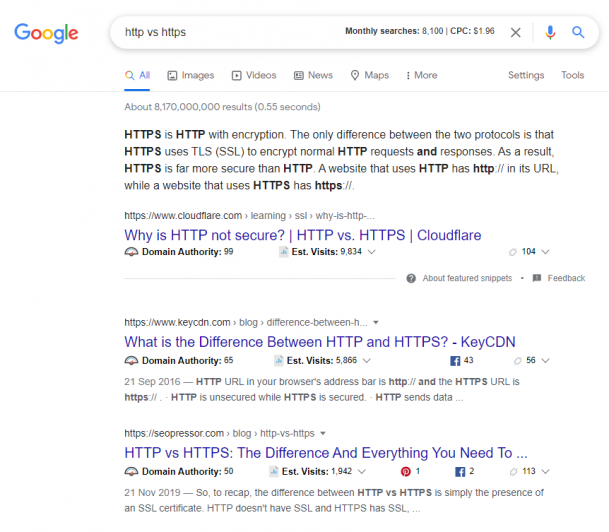 An Http vs Https blog post from SEOPressor that is ranking #1