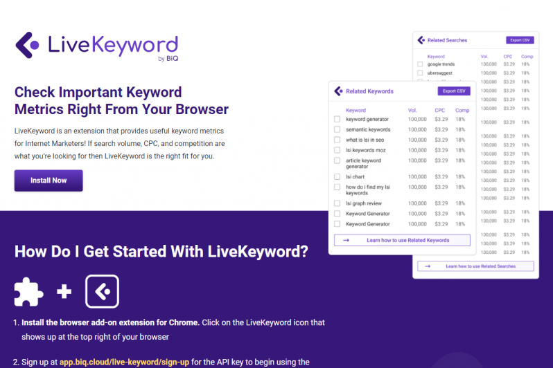 LiveKeyword is a free browser extension developed by BiQ. Get your keyword data right inside Google.