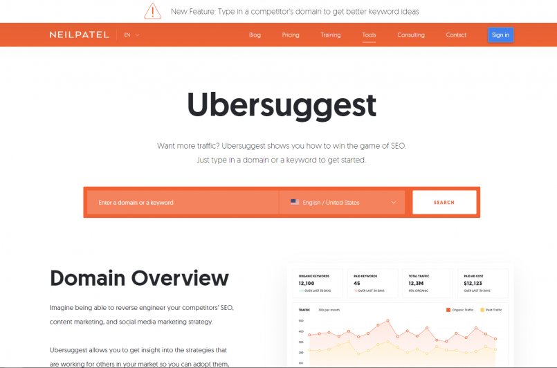 Landing page of Ubersuggest website