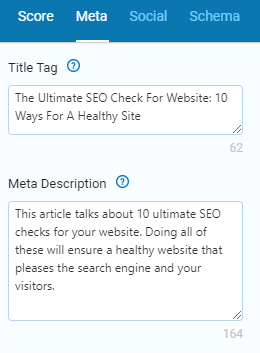 Example of meta description SEO checks for the right length.