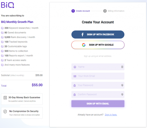 BiQ simple checkout page as part of e-commerce marketing strategies