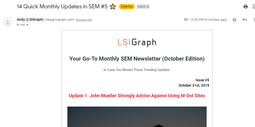 Places to publish articles include email newsletters. Example from LSIGraph