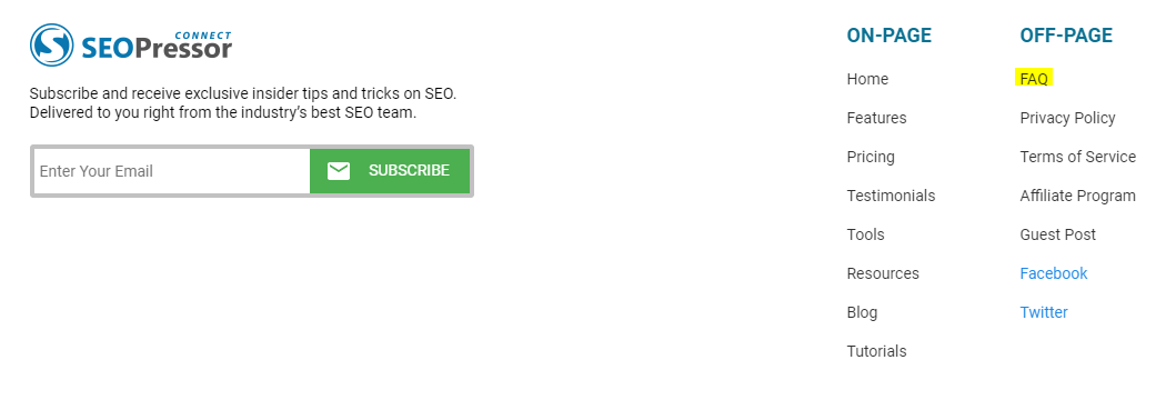 SEOPressor places their FAQ page at the footer of their website. 