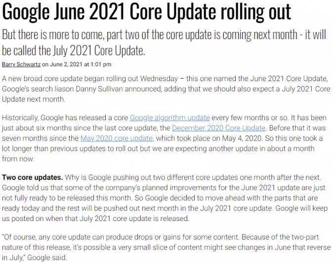 Google Search Engine Algorithm Updates June 2021