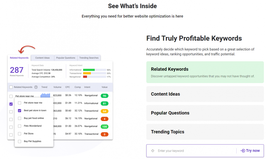 BiQ homepage section on what's inside Keyword Intelligence tool