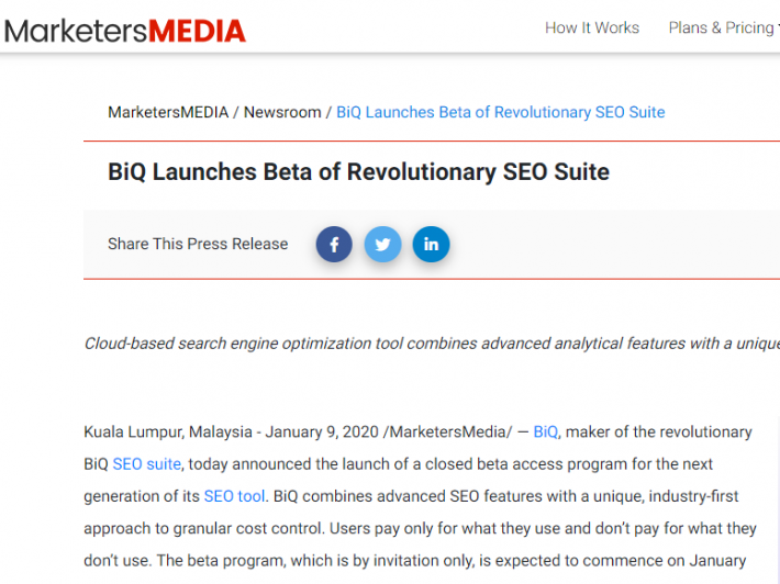 BiQ's product marketing launch via press release