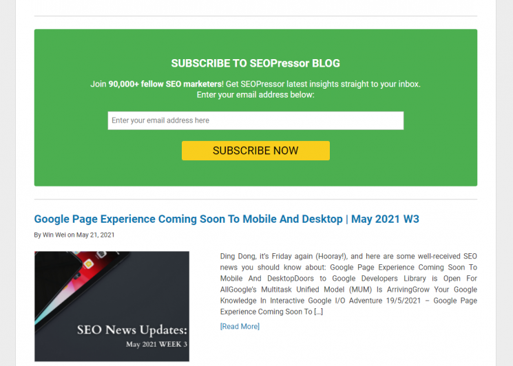 SEOPressor's newsletter sign up fold as part of their lead generation hacks.