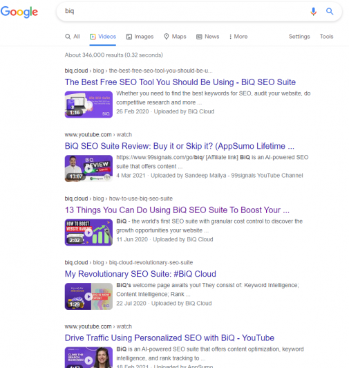 Marketing lessons 5: videos of BiQ on SERP