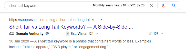 Google search results with the keyword short tail keyword and testing with a website from SEOPressor that is ranking on page one