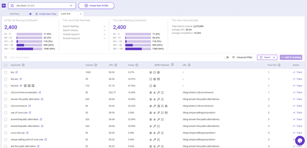 Rank Intelligence results overview