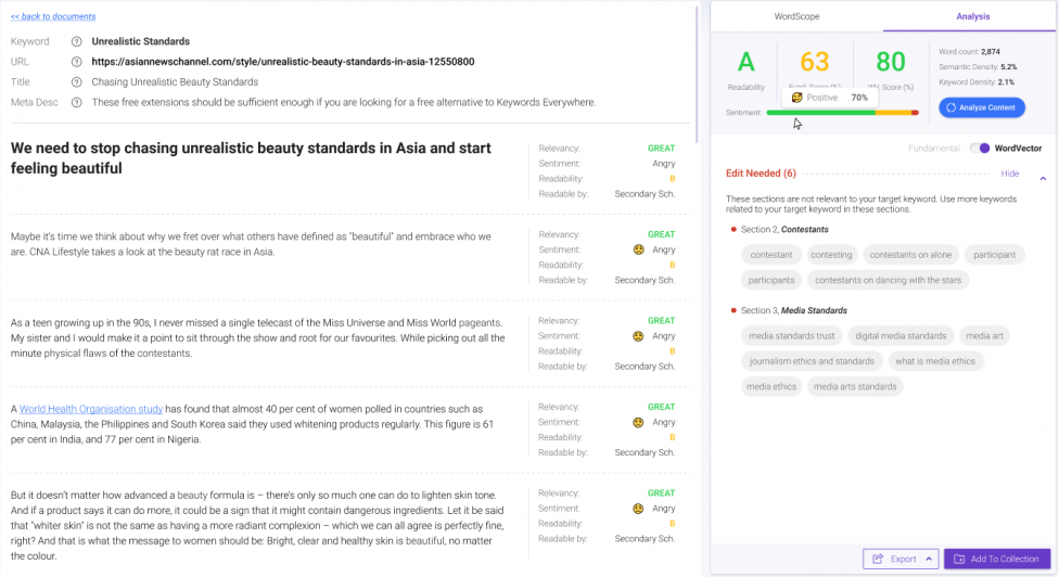 Advanced line by line analysis by BiQ Content Intelligence content optimization tool