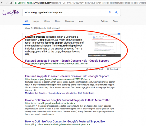 Featured snippet on SERP