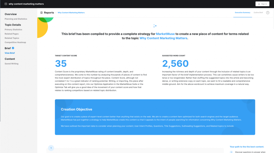 Content research section on Marketmuse