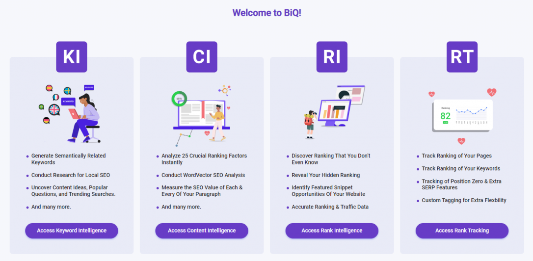 BiQ's dashboard, an all-in-one SEO tool