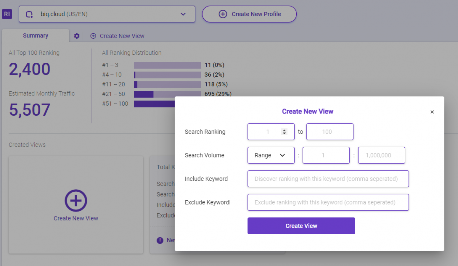 Creating a view in Rank Intelligence